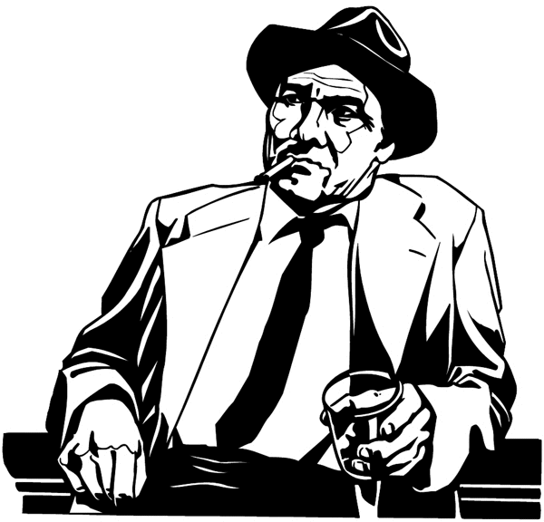 Mature man with cigarette and drink vinyl sticker. Customize on line. People 069-0470